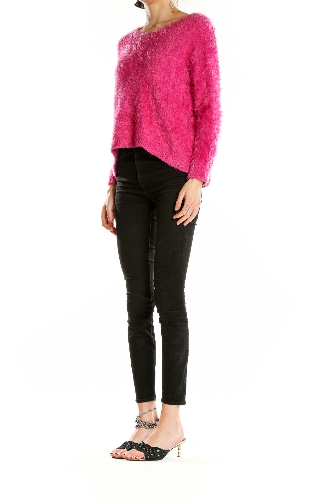 Front view of Vince Camuto hot pink fuzzy cropped sweater