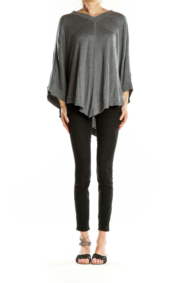 Front view of Splendid gray cashmere blend V-neck poncho with batwing sleeves