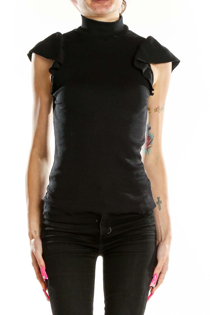 Front view of black Chaser top with ruffled cap sleeves and mock neck