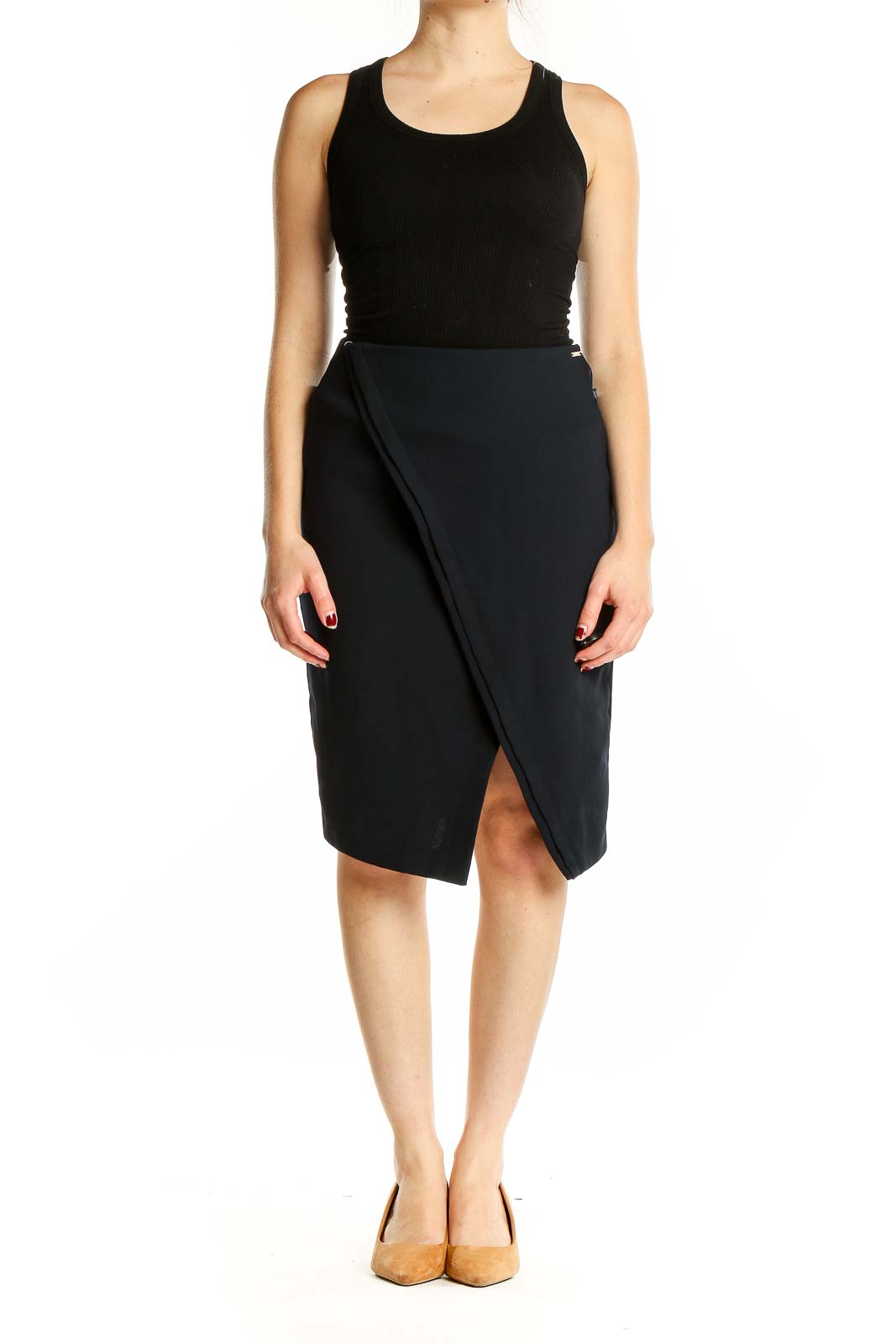 Front view of DKNY black asymmetrical wrap pencil skirt