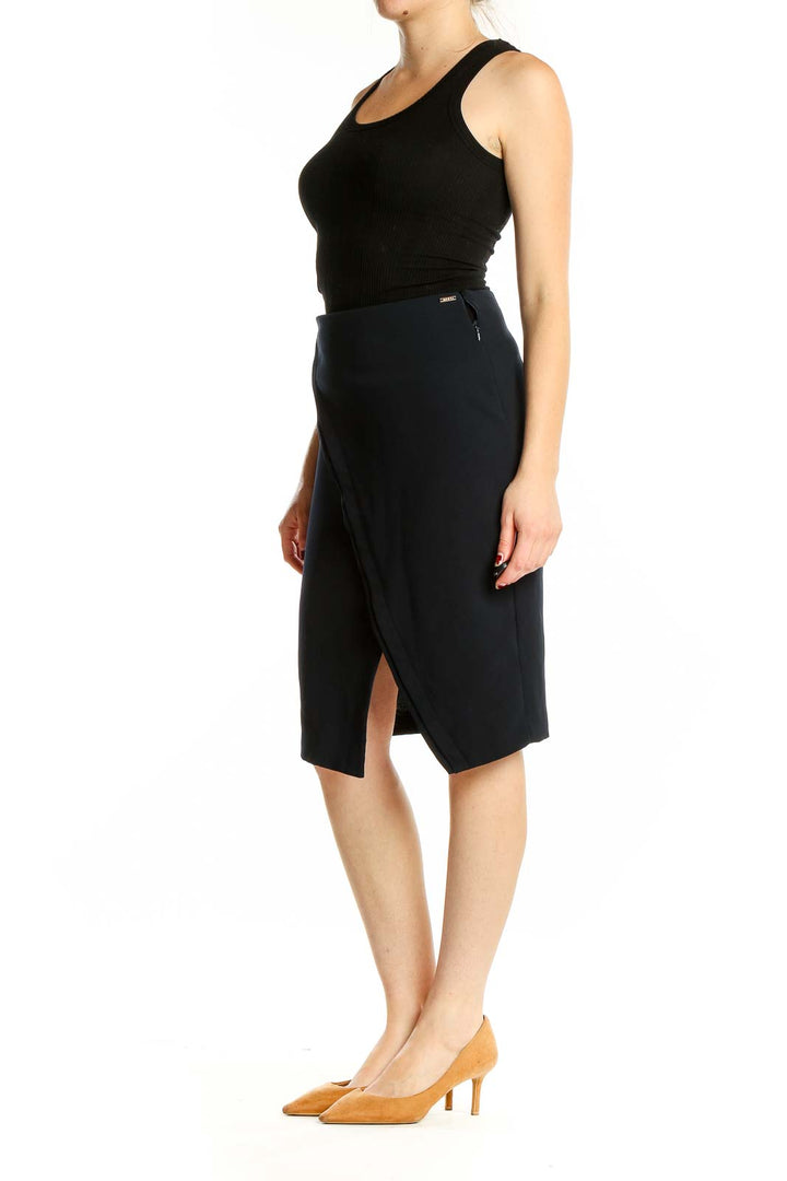 Front view of DKNY black asymmetrical wrap pencil skirt