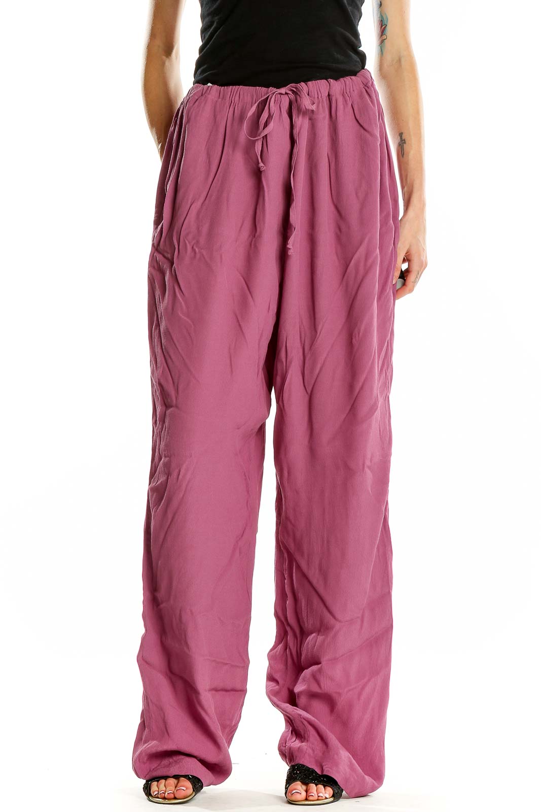 Front view of Kate Hill pink wide-leg rayon pants with elastic waistband