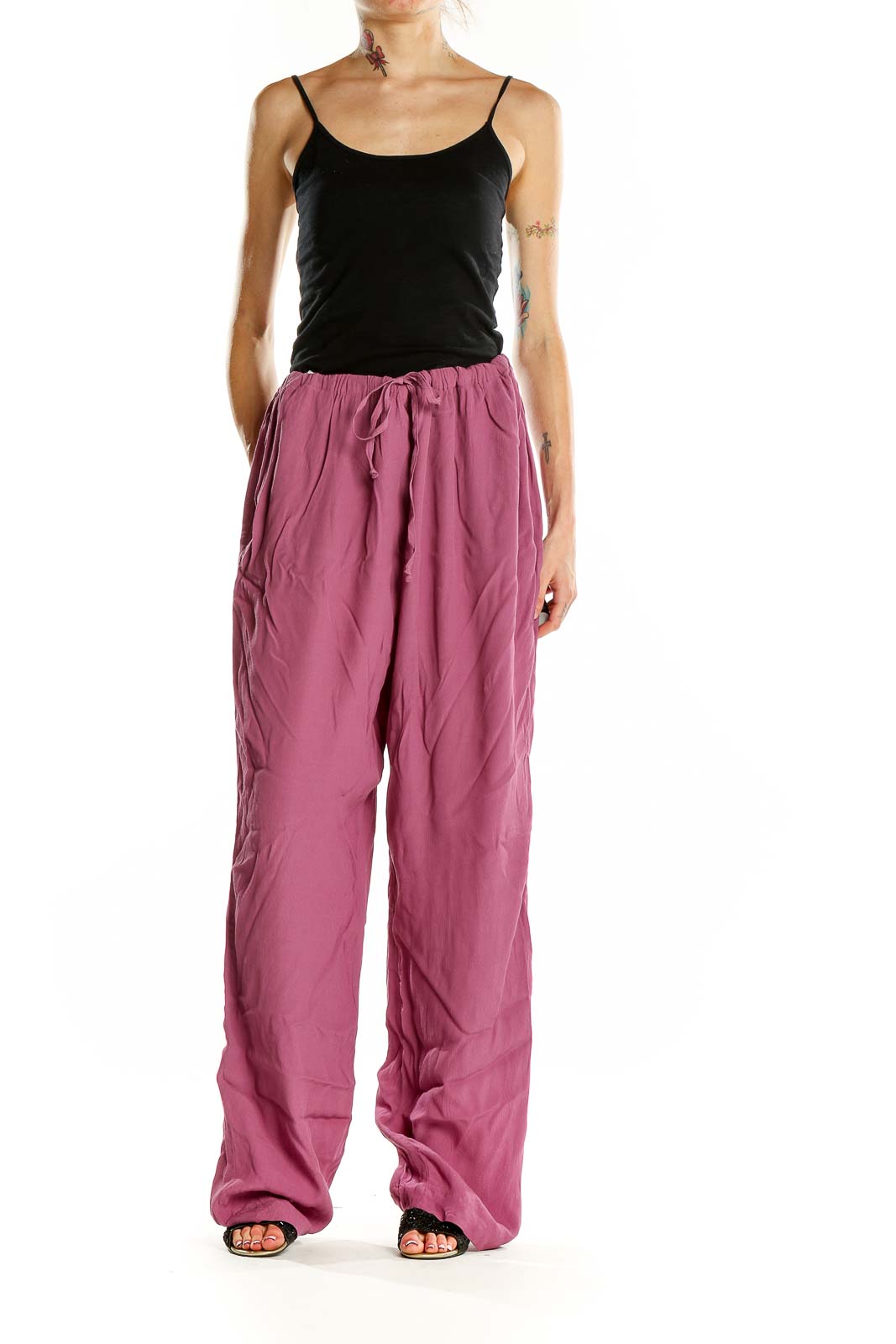 Front view of Kate Hill pink wide-leg rayon pants with elastic waistband