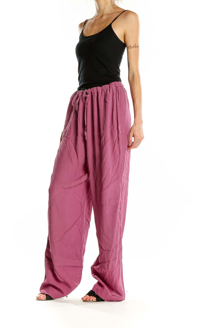 Front view of Kate Hill pink wide-leg rayon pants with elastic waistband