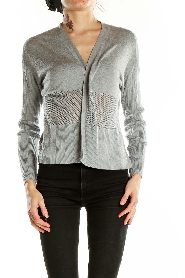 Front view of gray Vince Camuto knit cardigan with V-neck and textured pattern