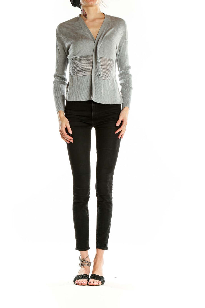 Front view of gray Vince Camuto knit cardigan with V-neck and textured pattern