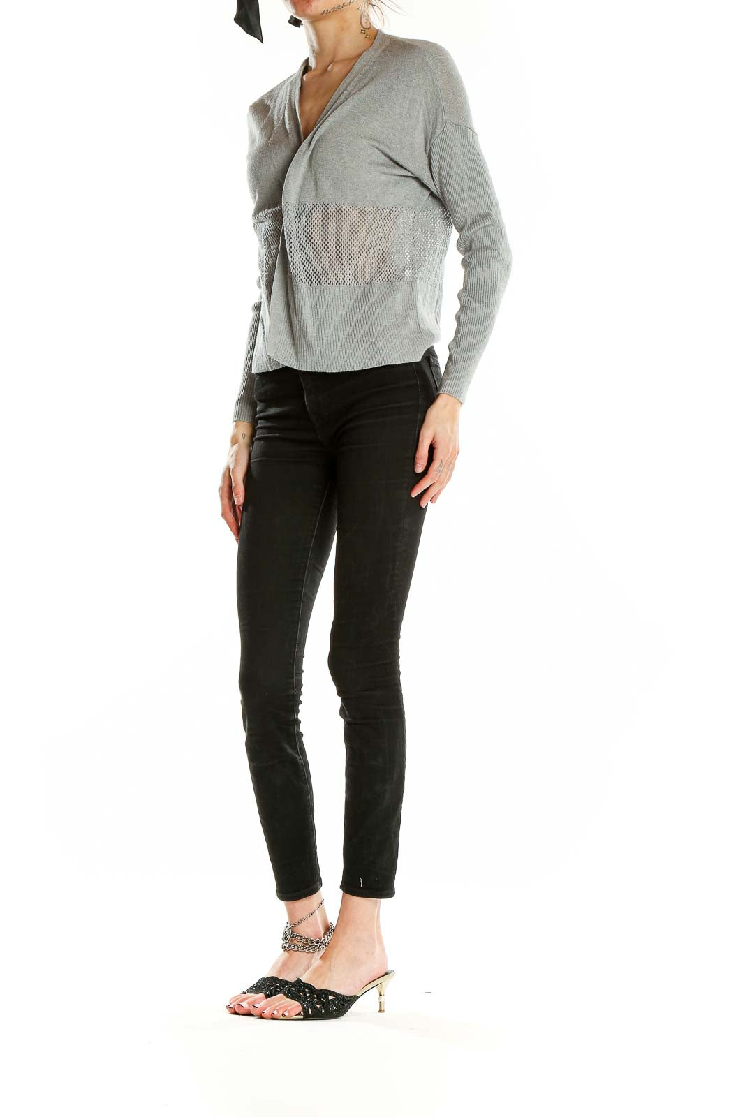 Front view of gray Vince Camuto knit cardigan with V-neck and textured pattern