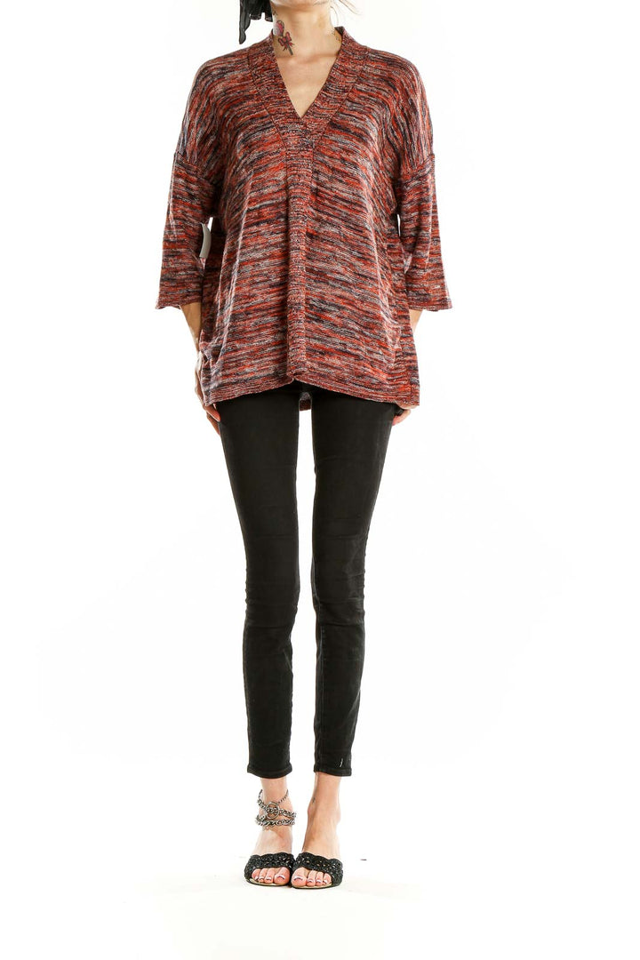 Front view of Pure Jill rust marled V-neck oversized knit top