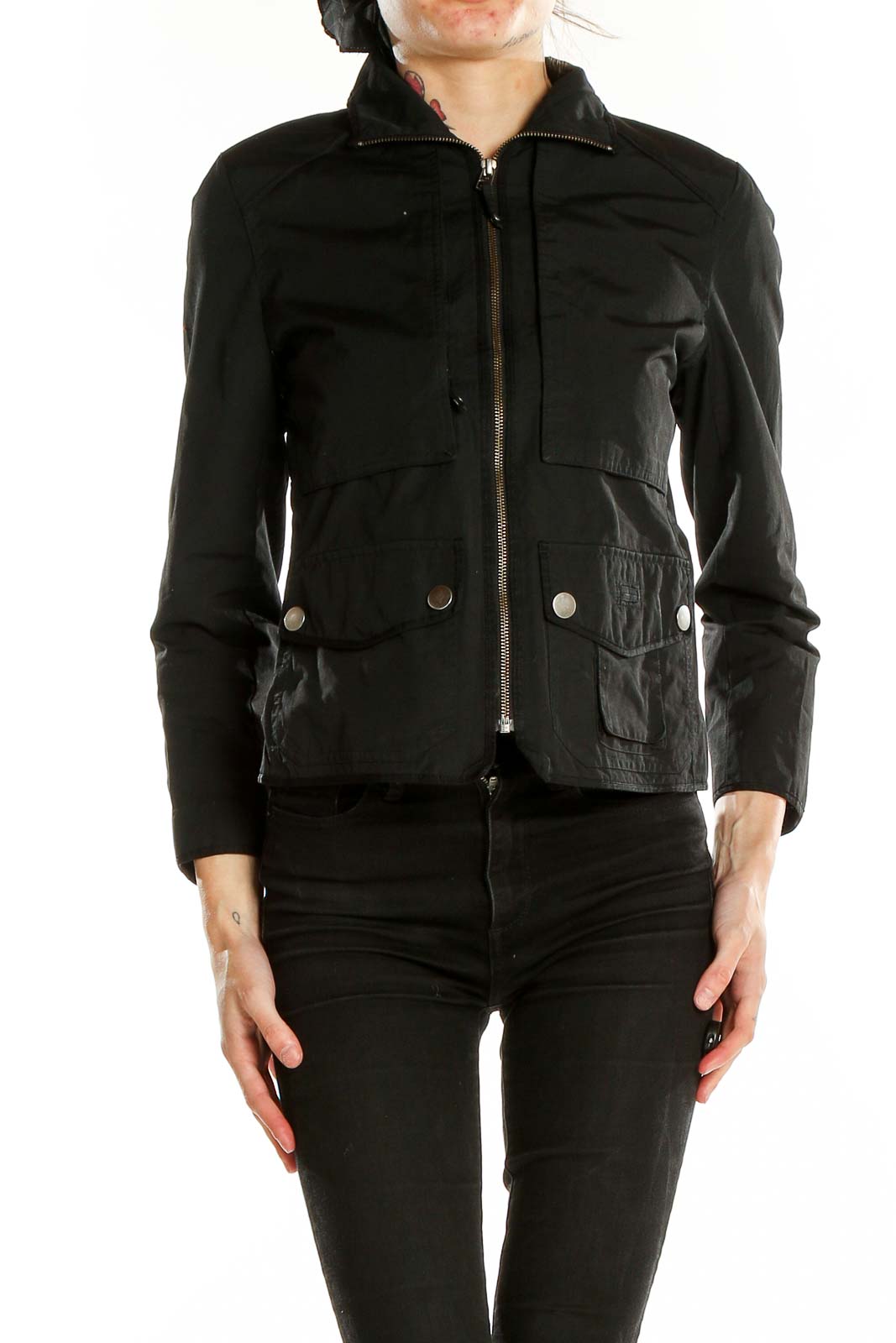 Front view of black Bernardo utility jacket with multiple pockets