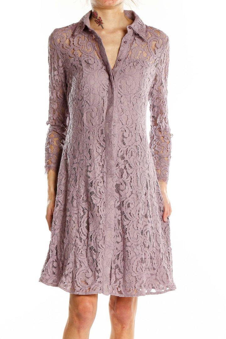 Purple Flare Lace Collared Dress