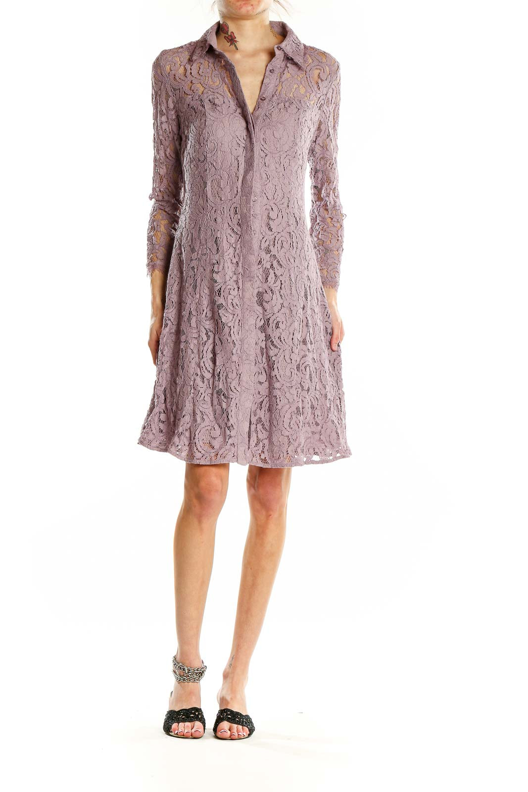 Purple Flare Lace Collared Dress