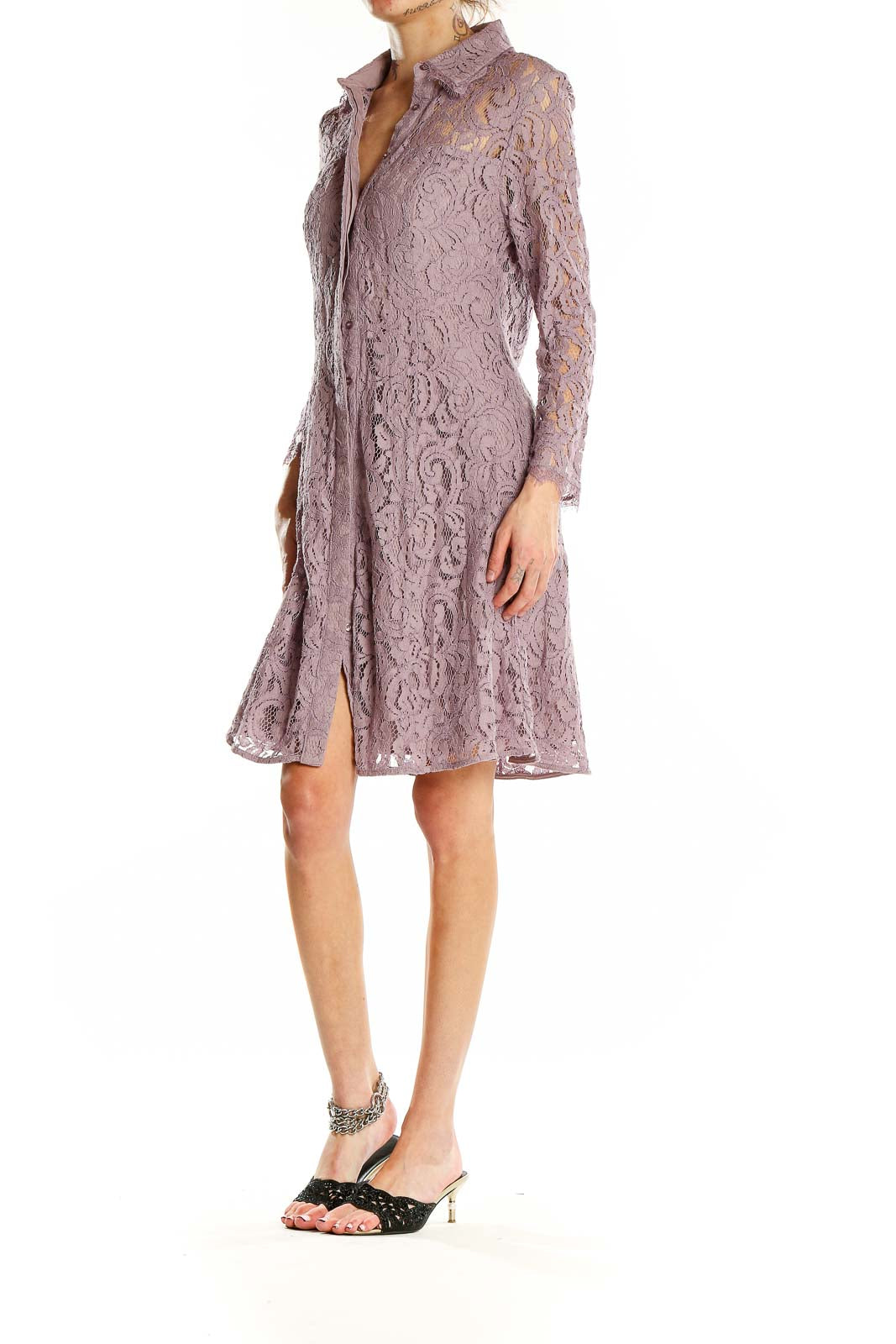 Purple Flare Lace Collared Dress