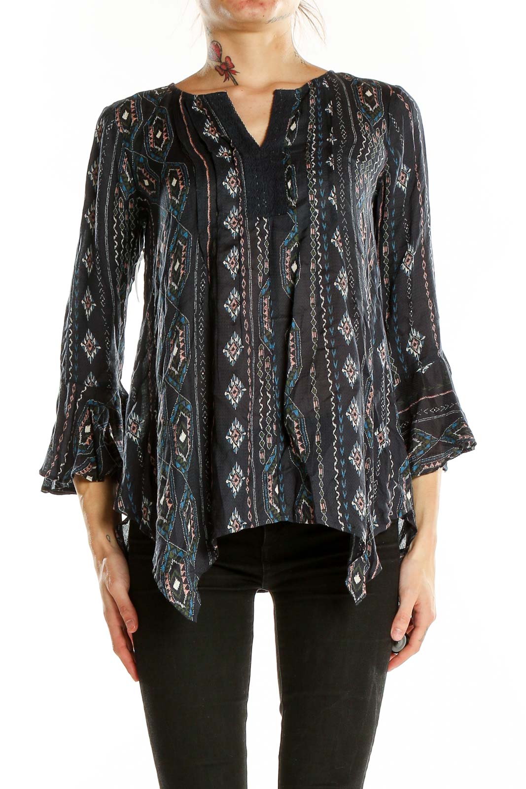 Front view of Haute Hippie black modal blouse with geometric print and bell sleeves