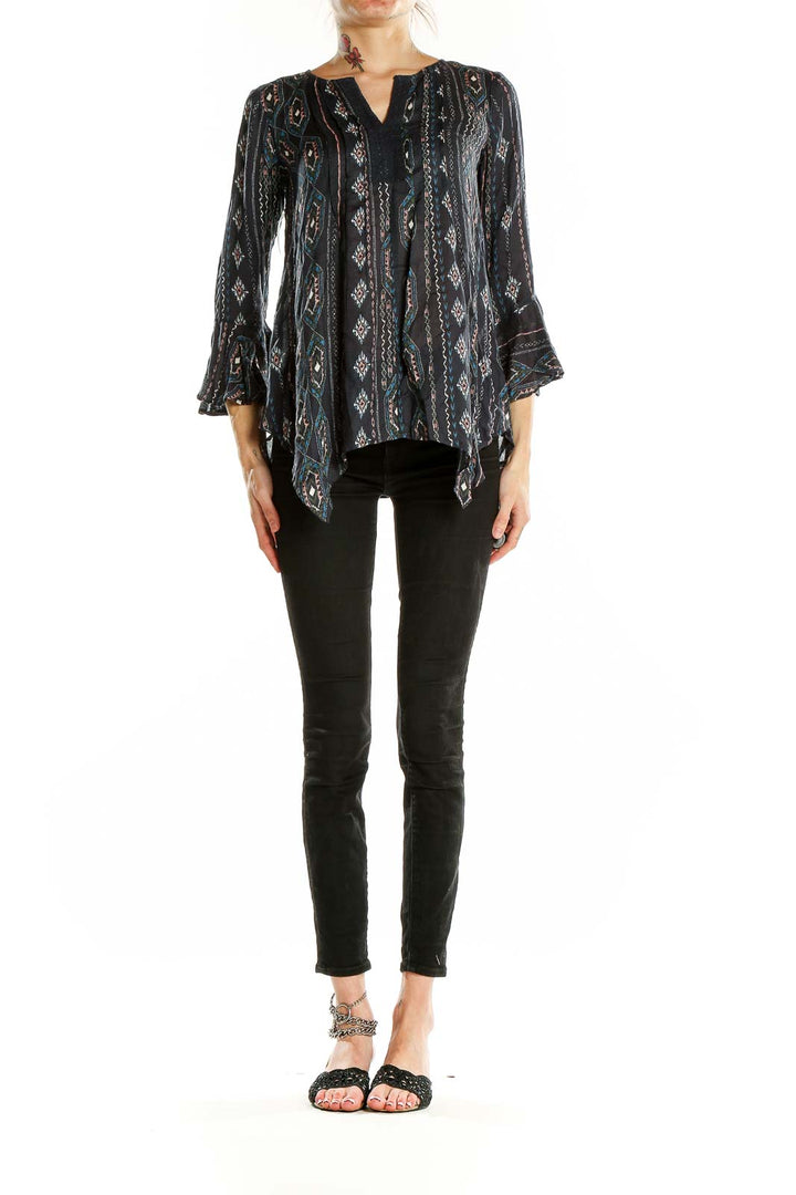 Front view of Haute Hippie black modal blouse with geometric print and bell sleeves