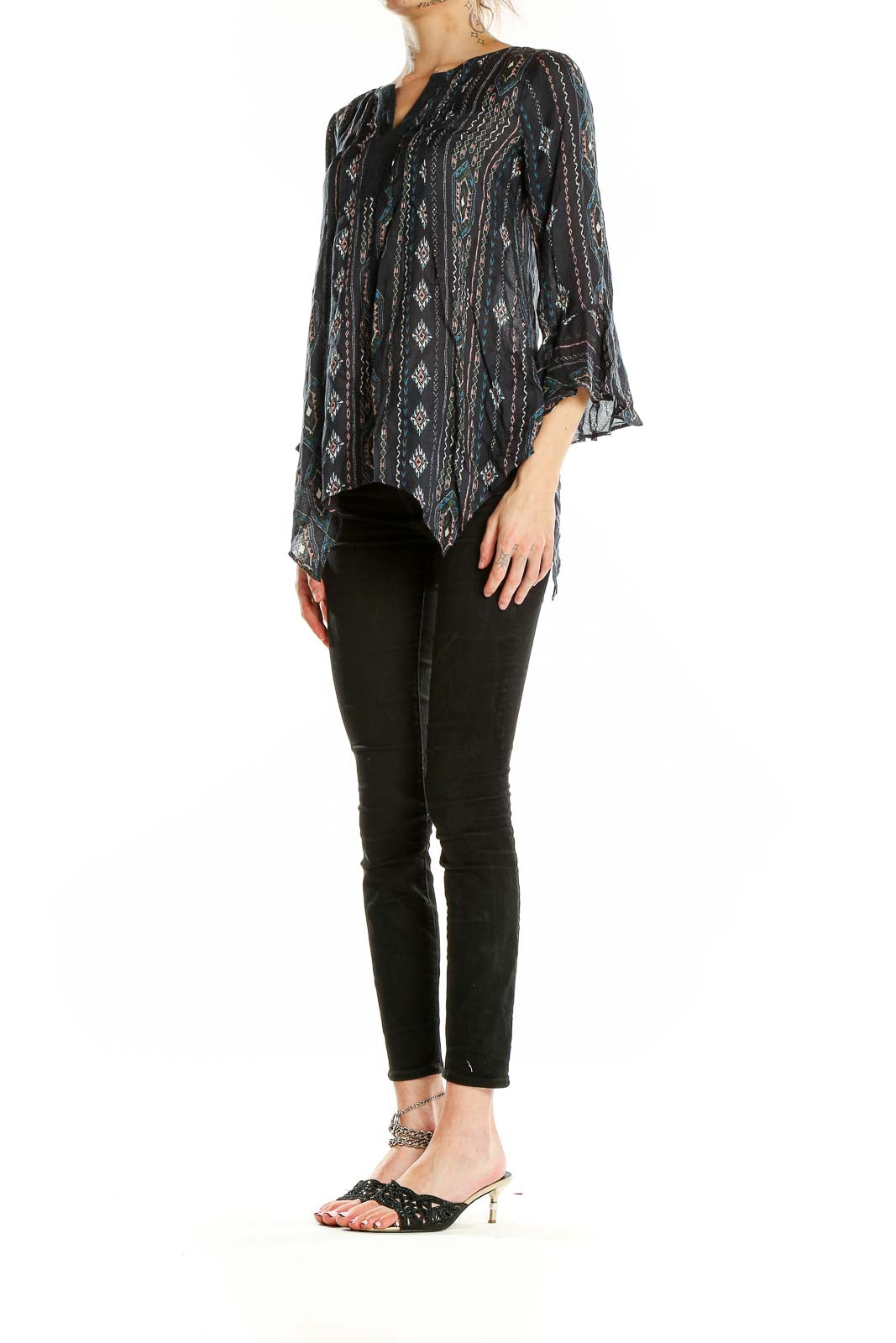 Front view of Haute Hippie black modal blouse with geometric print and bell sleeves