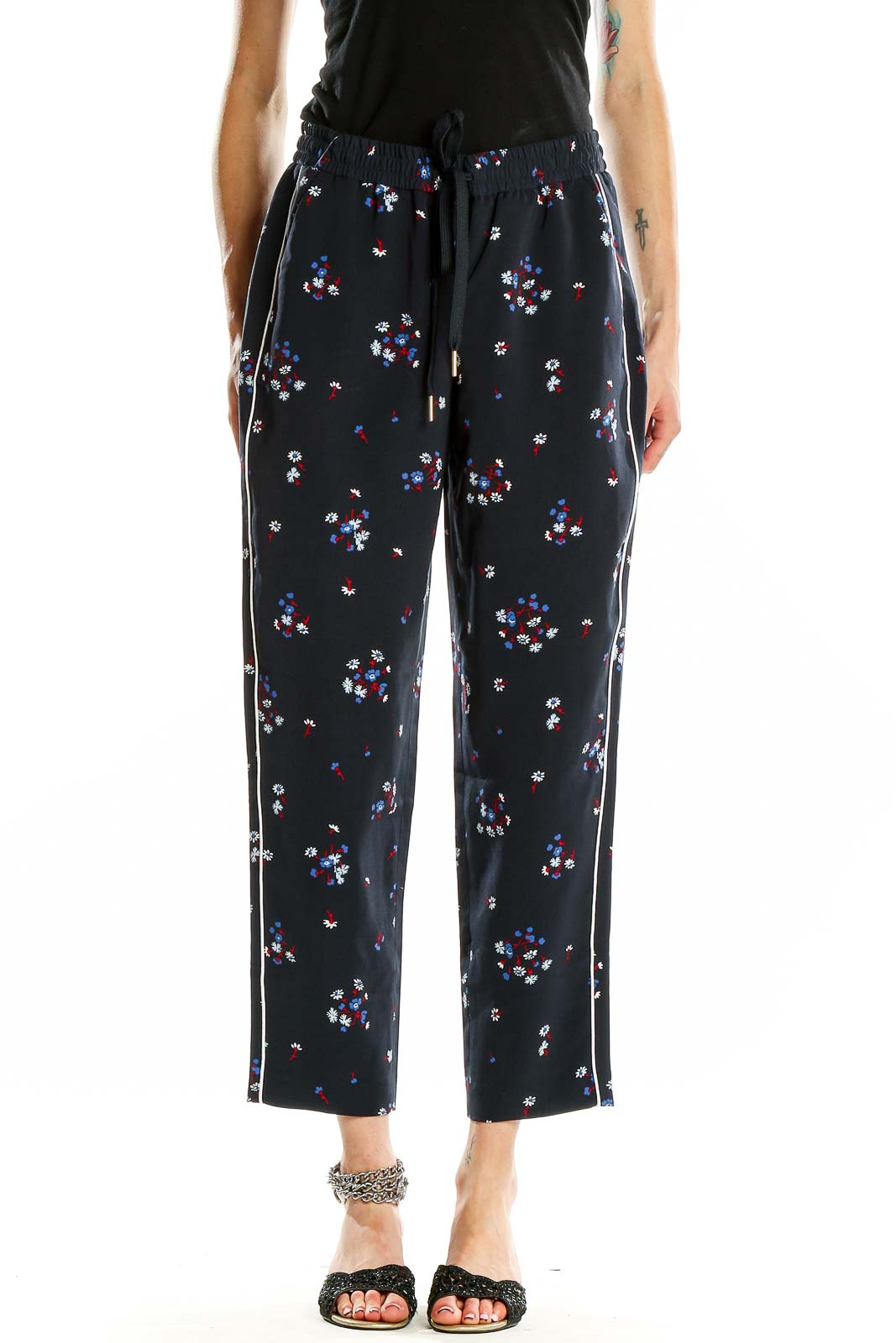 Front view of Tommy Hilfiger navy floral print drawstring pants with side stripe