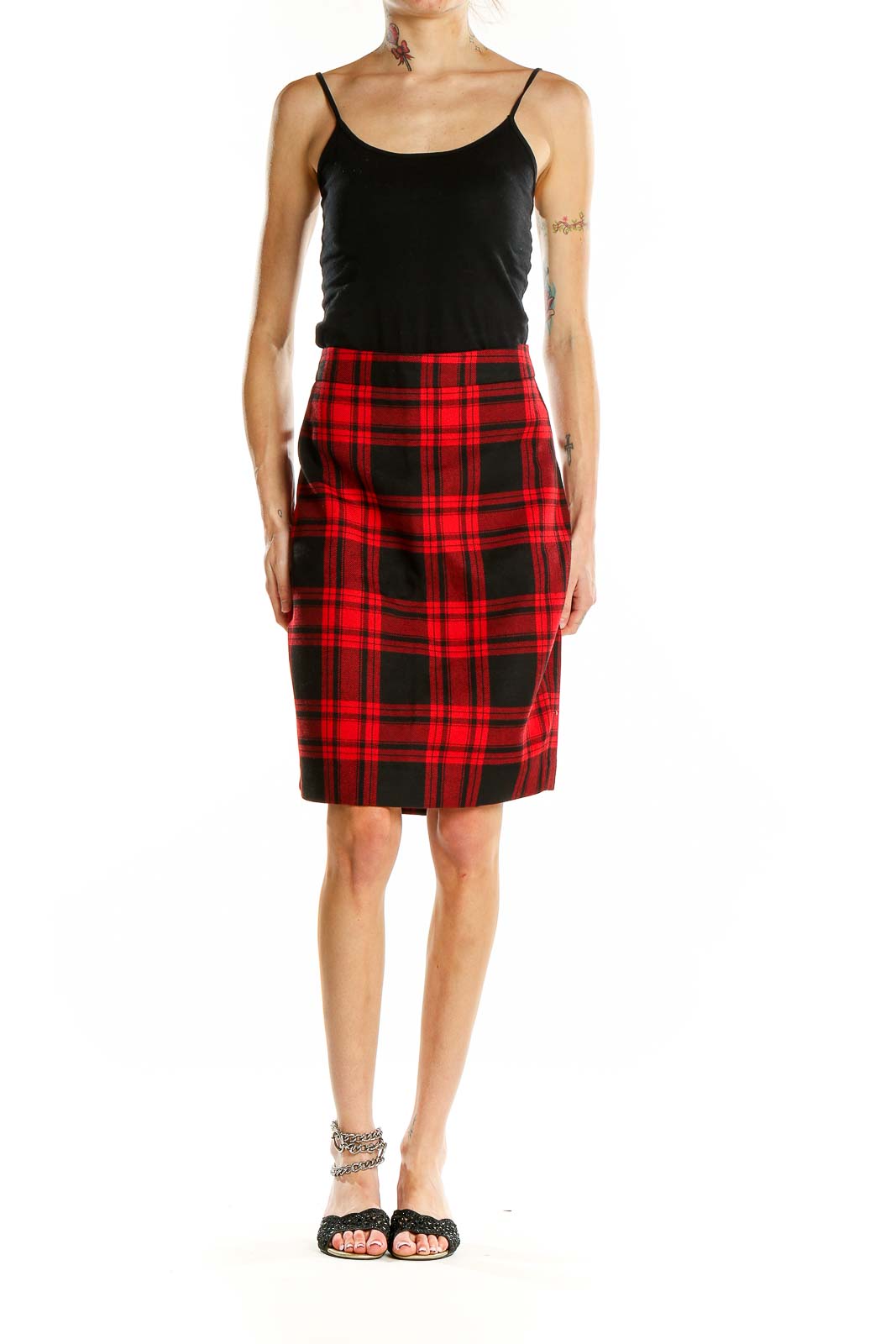 Red Black Plaid Pencil Skirt