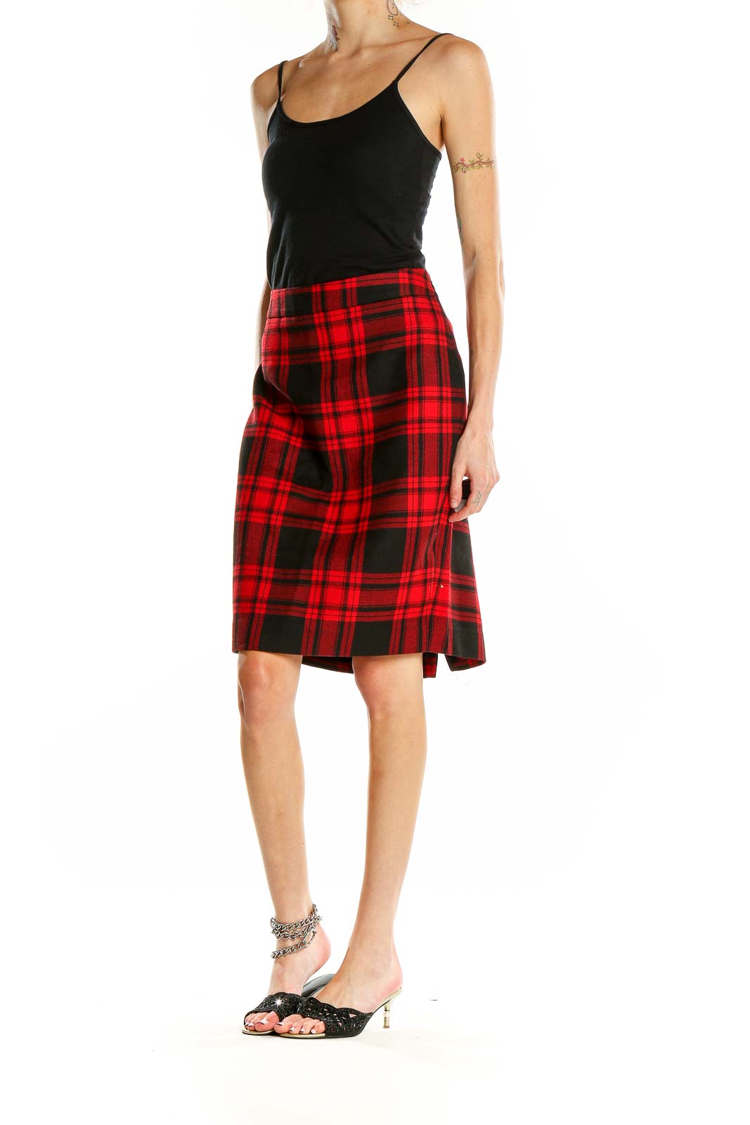 Red Black Plaid Pencil Skirt