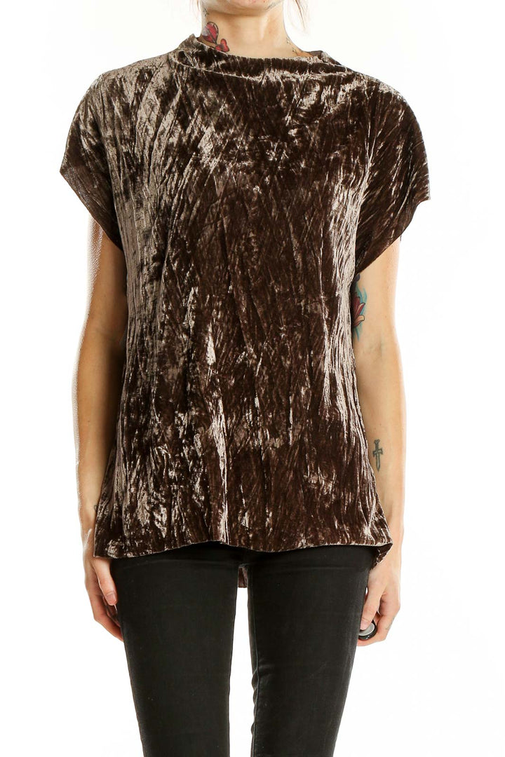 Front view of Zara brown crushed velvet mock neck top