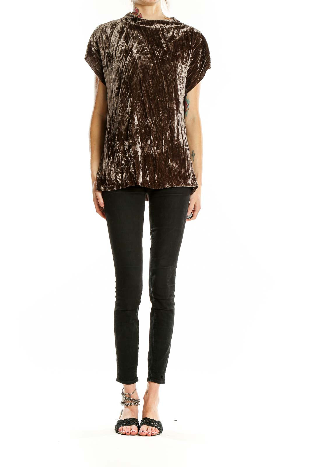 Front view of Zara brown crushed velvet mock neck top