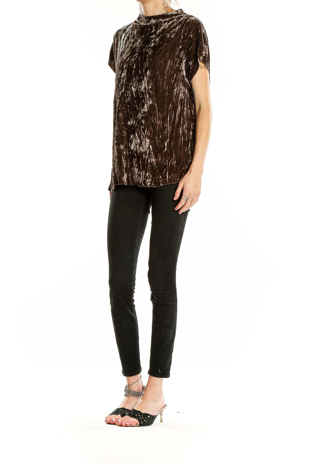 Front view of Zara brown crushed velvet mock neck top