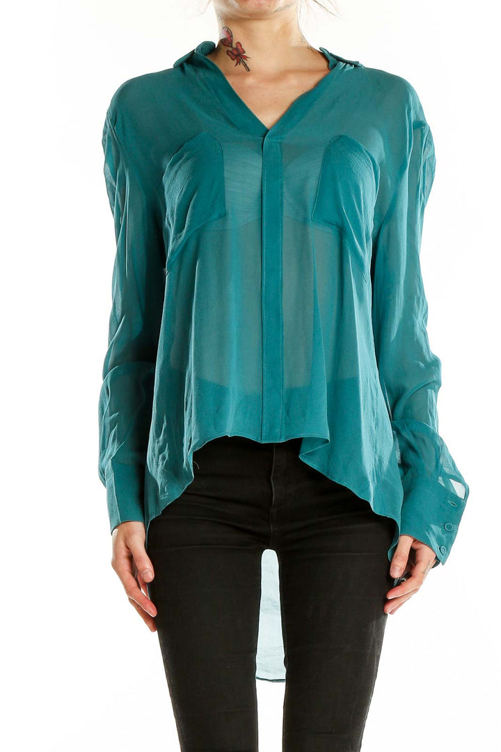 Front view of teal sheer silk blouse by BCBG MaxAzria with asymmetrical hem