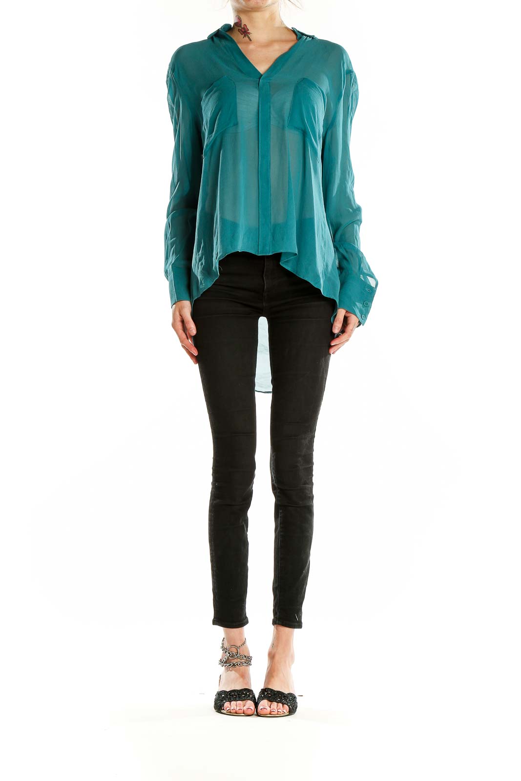 Front view of teal sheer silk blouse by BCBG MaxAzria with asymmetrical hem