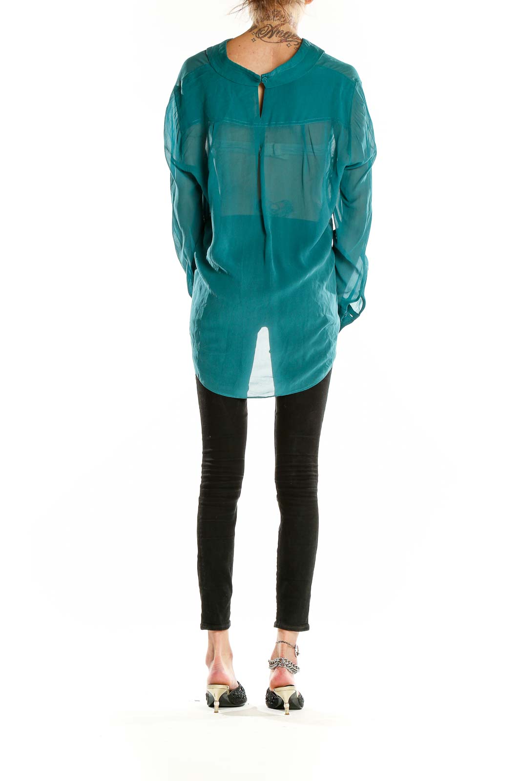 Back view of BCBG MaxAzria teal sheer silk blouse showing flowing silhouette