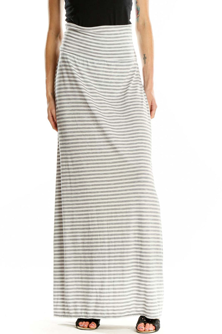 Front view of Max Studio gray and white striped maxi skirt