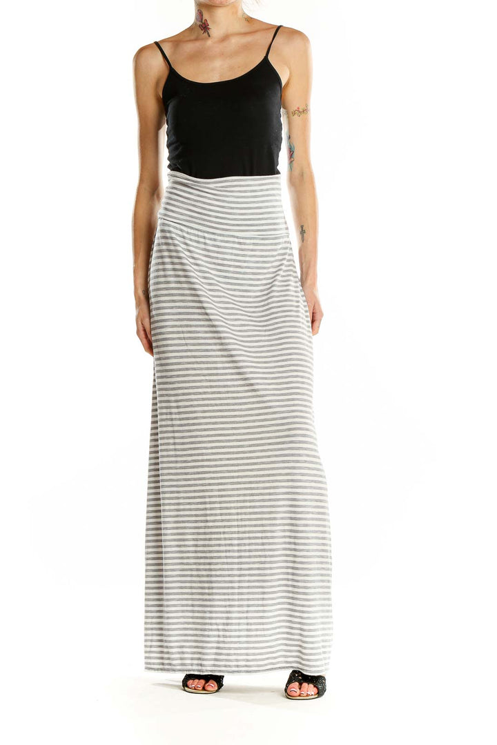 Front view of Max Studio gray and white striped maxi skirt