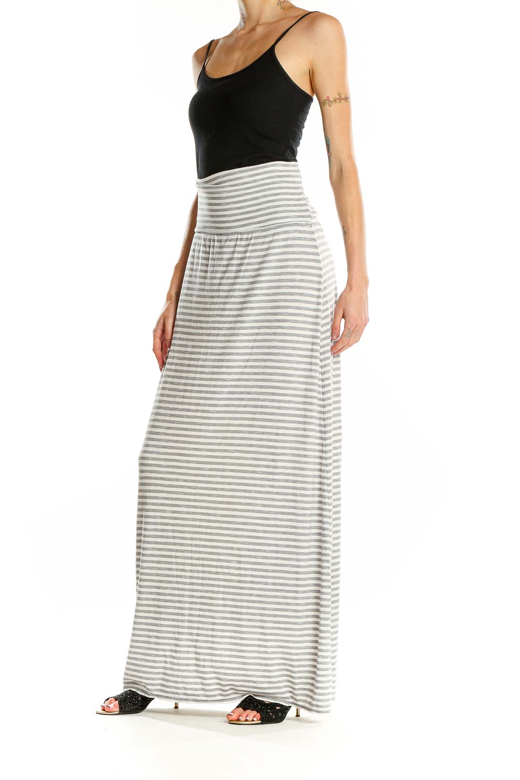 Front view of Max Studio gray and white striped maxi skirt