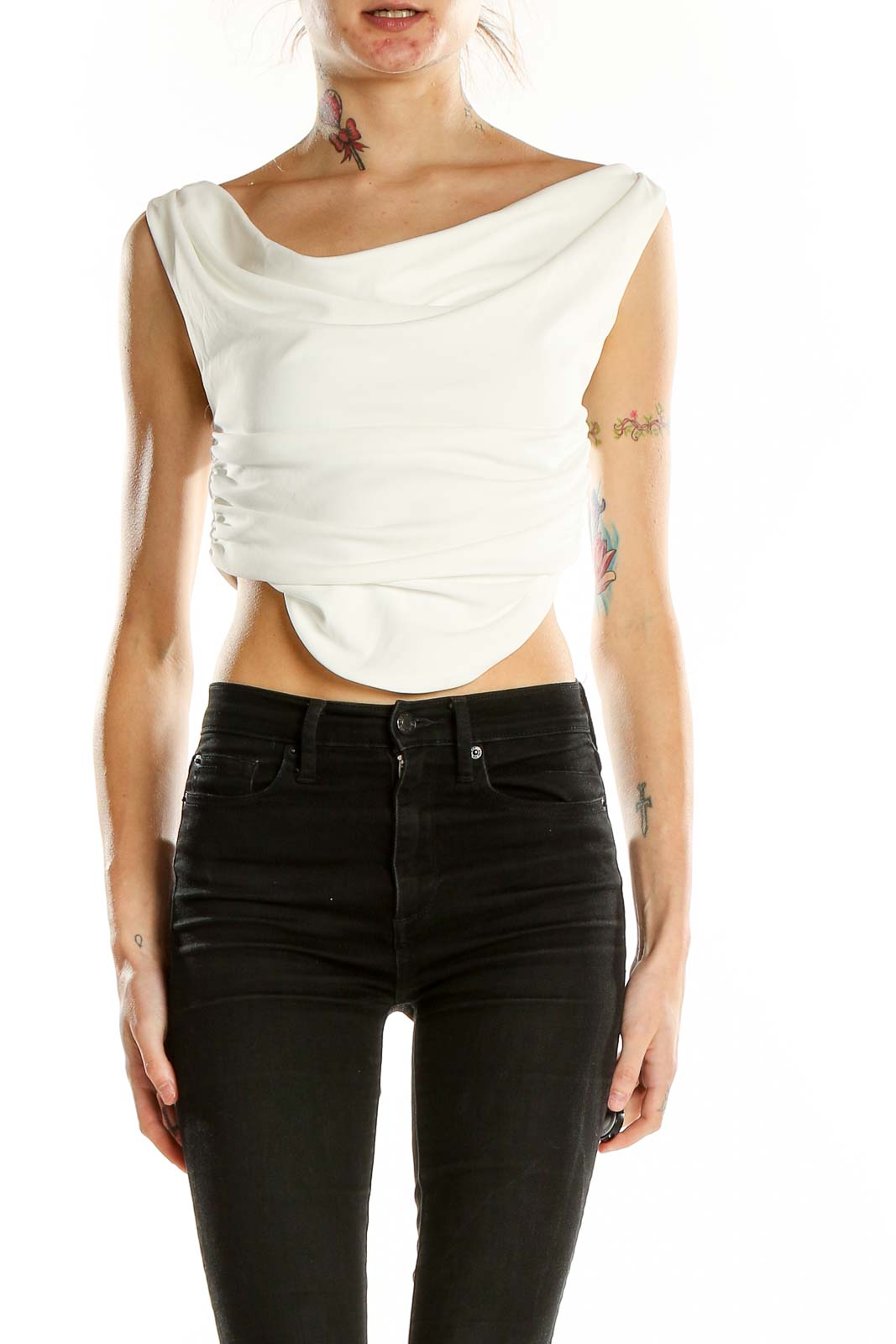 Front view of white sleeveless crop top with draped neckline from Zara