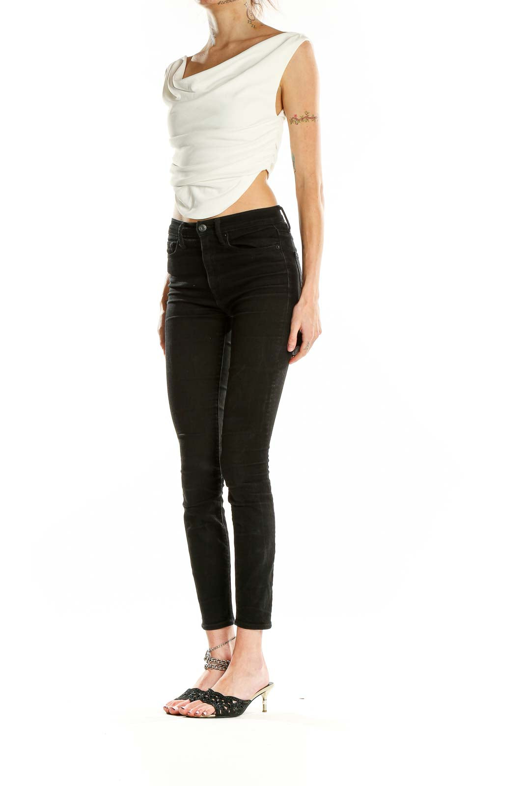 Front view of white sleeveless crop top with draped neckline from Zara