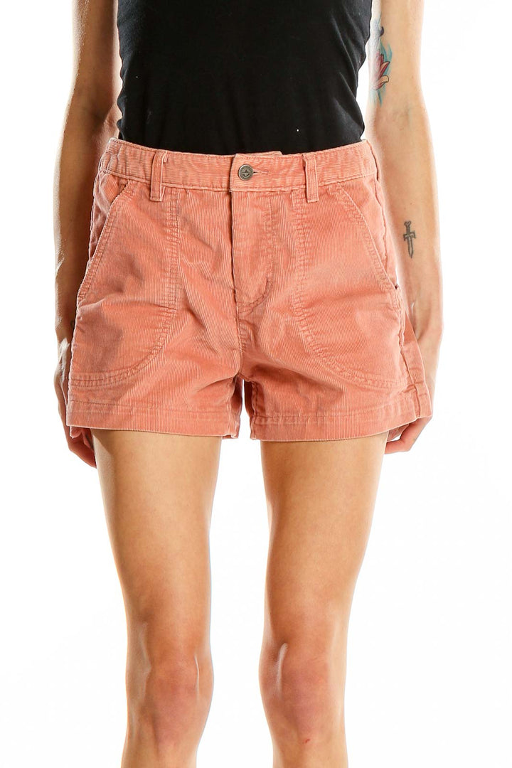 Front view of coral Patagonia organic cotton blend shorts