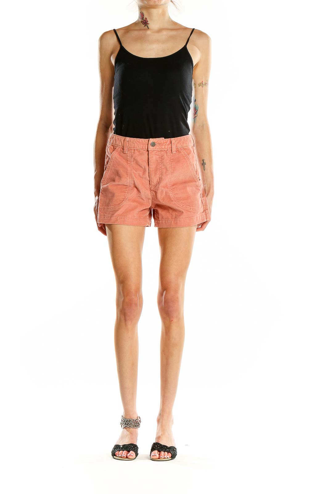 Front view of coral Patagonia organic cotton blend shorts