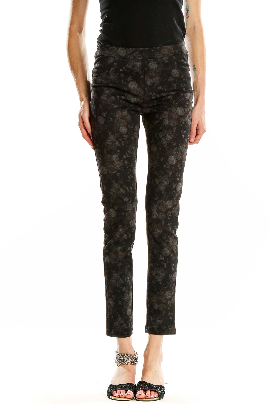 Front view of Sanctuary black floral print slim fit pants