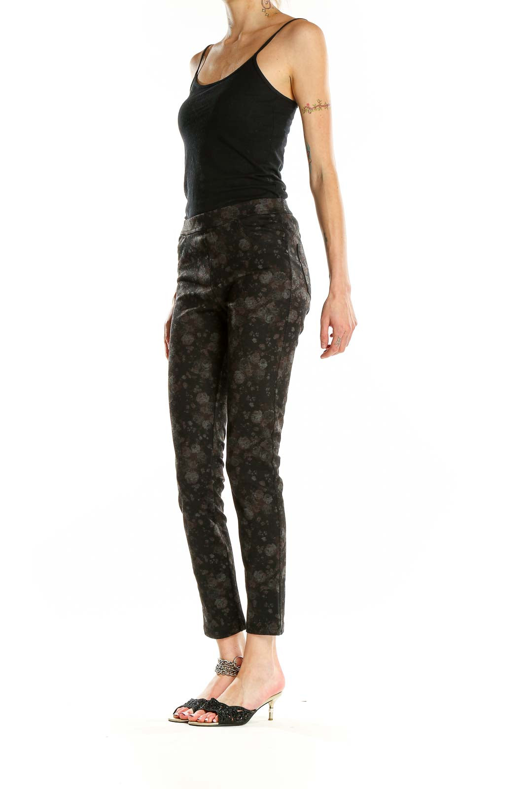 Front view of Sanctuary black floral print slim fit pants