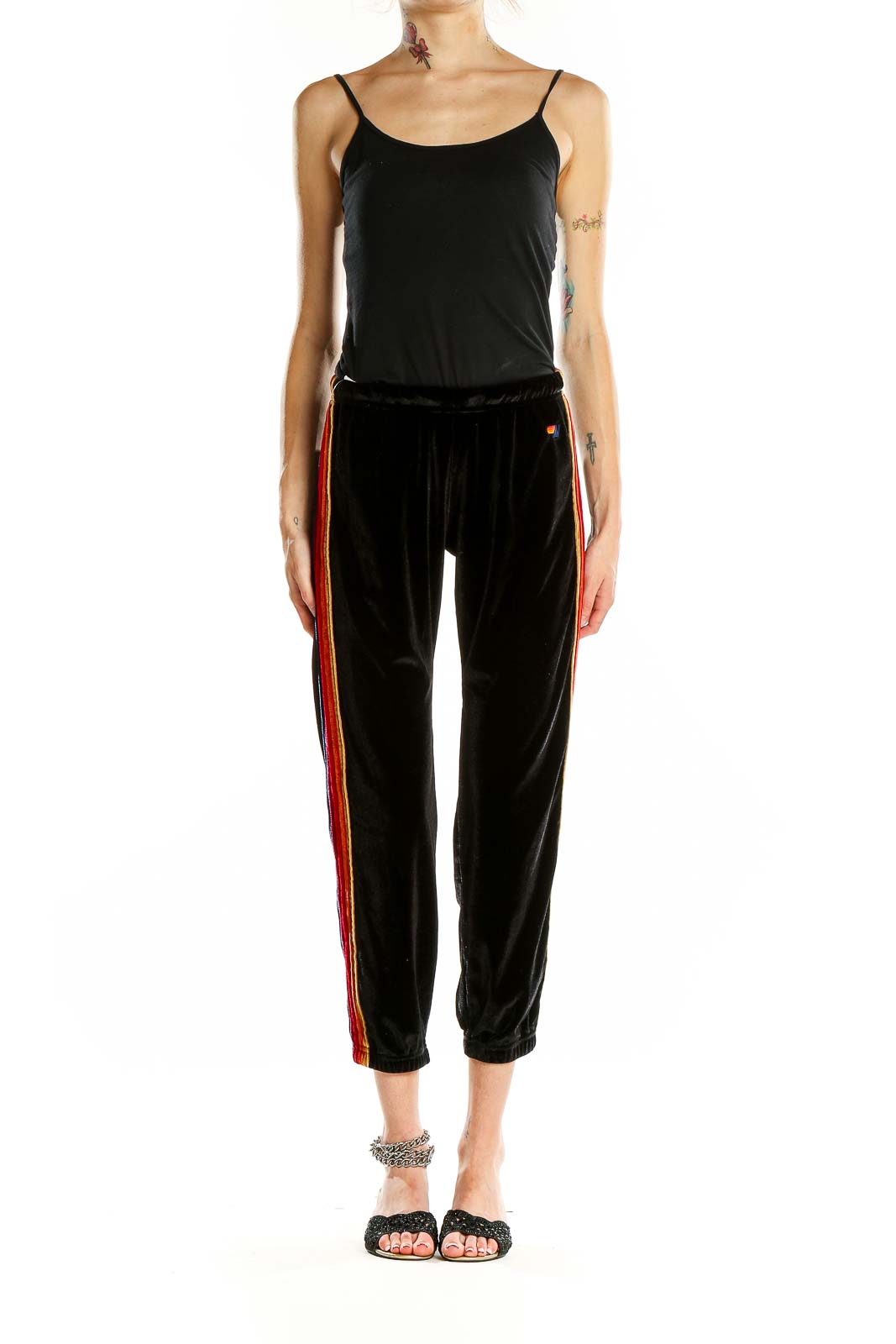 Black Rainbow Trim Velour Jogger Pants