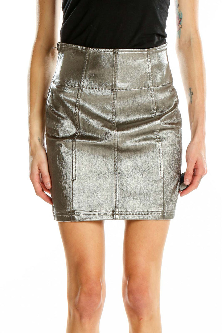 Front view of Free People silver metallic mini skirt