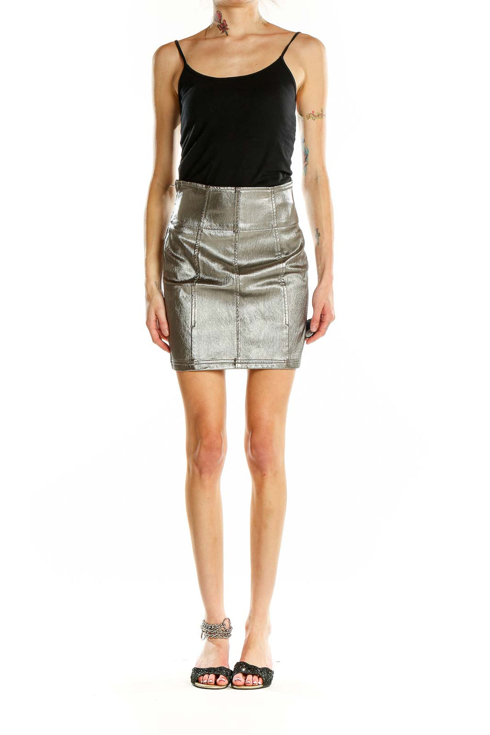 Front view of Free People silver metallic mini skirt