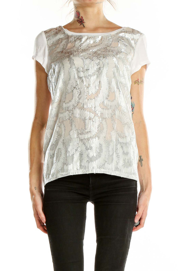 Front view of white metallic floral print blouse from The Limited