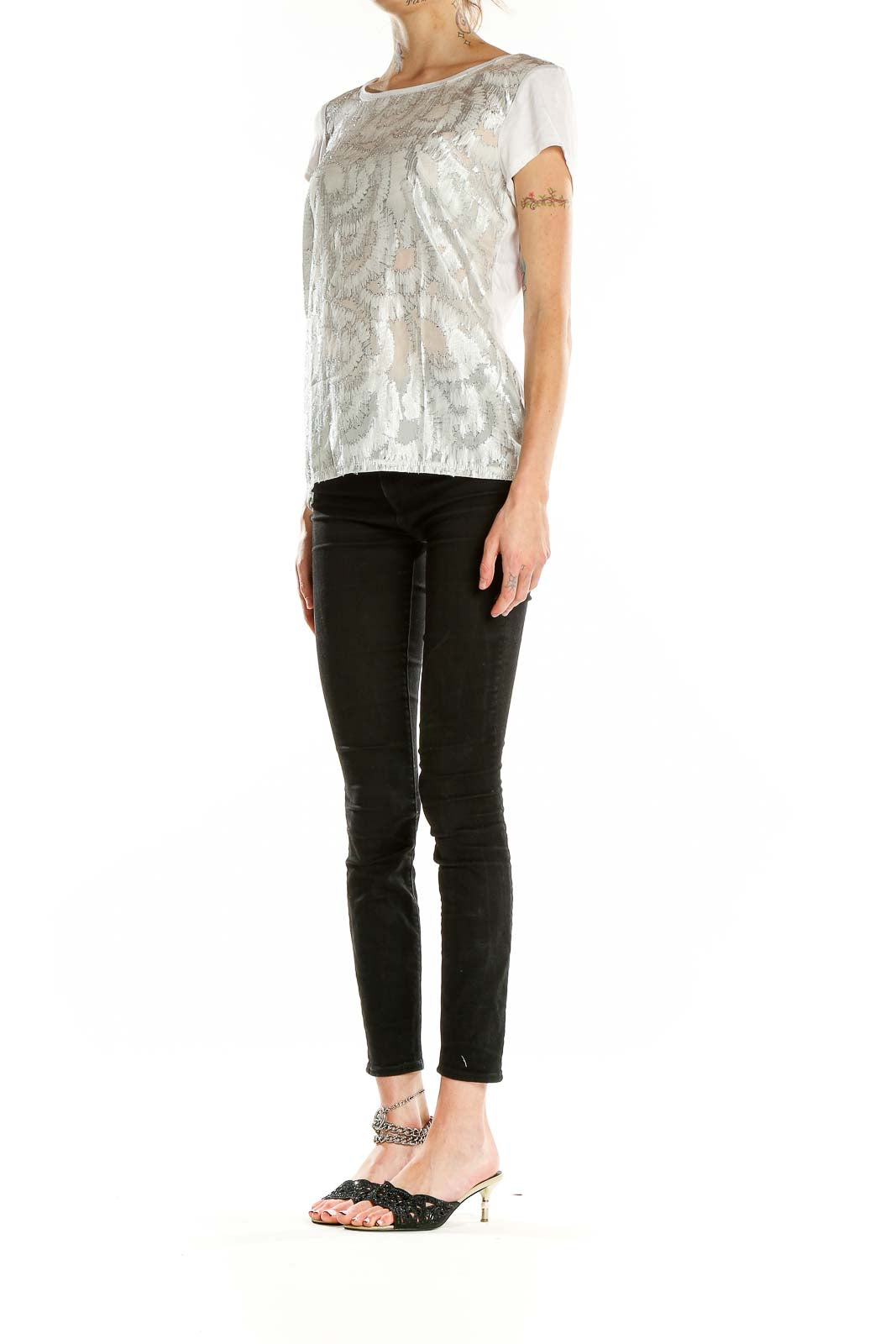 Front view of white metallic floral print blouse from The Limited