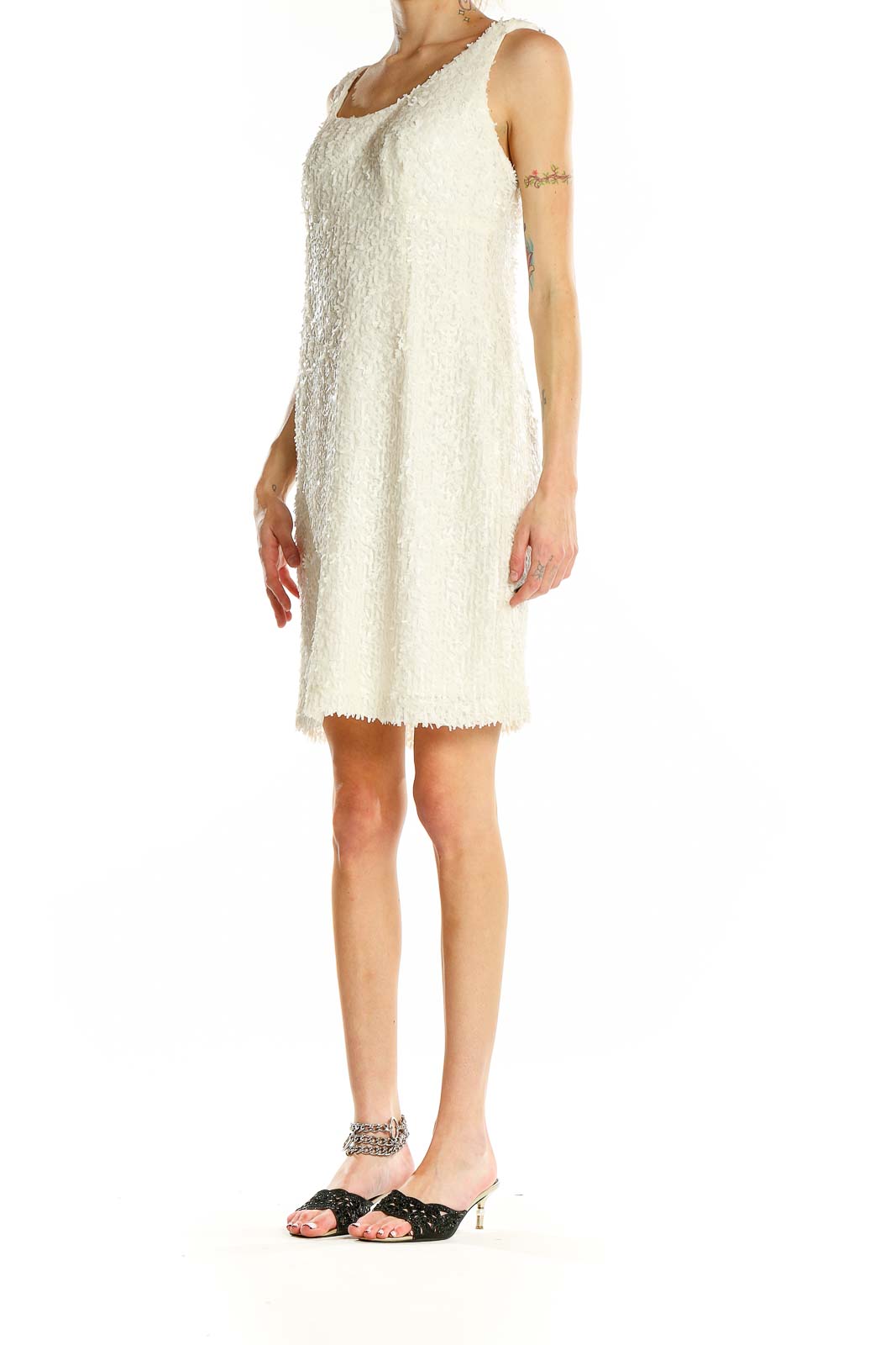 White Textured Fringe Sheath Dress