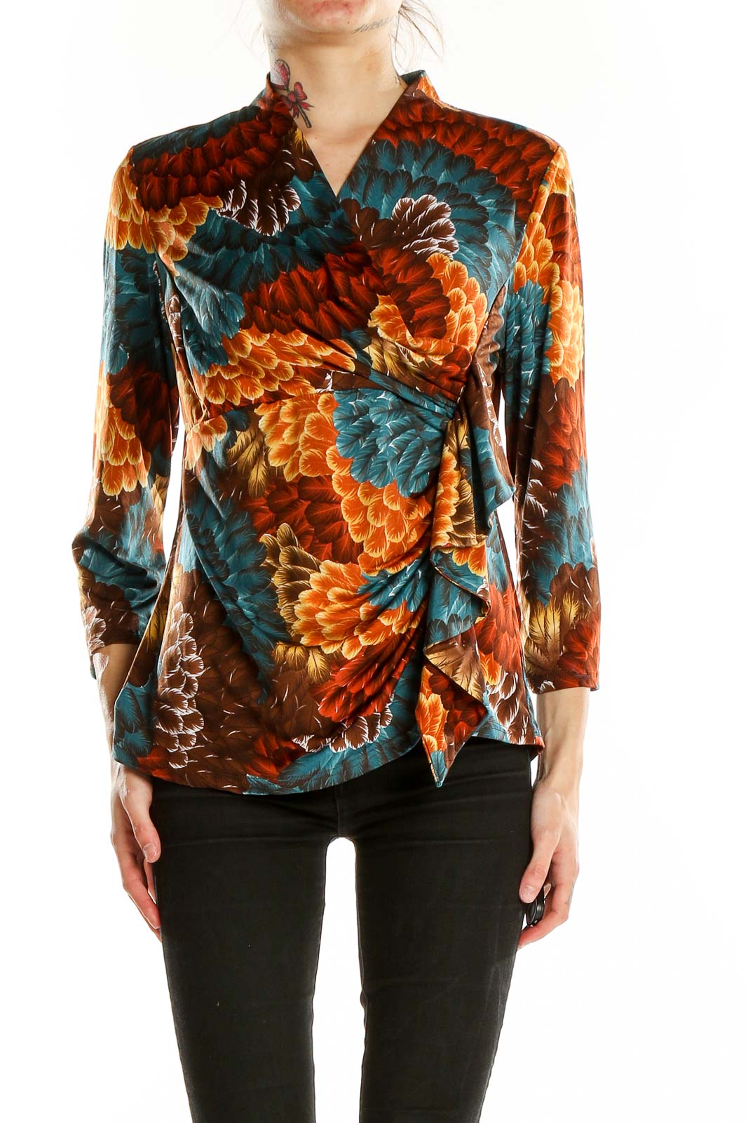 Front view of Wrangler multicolor floral wrap blouse