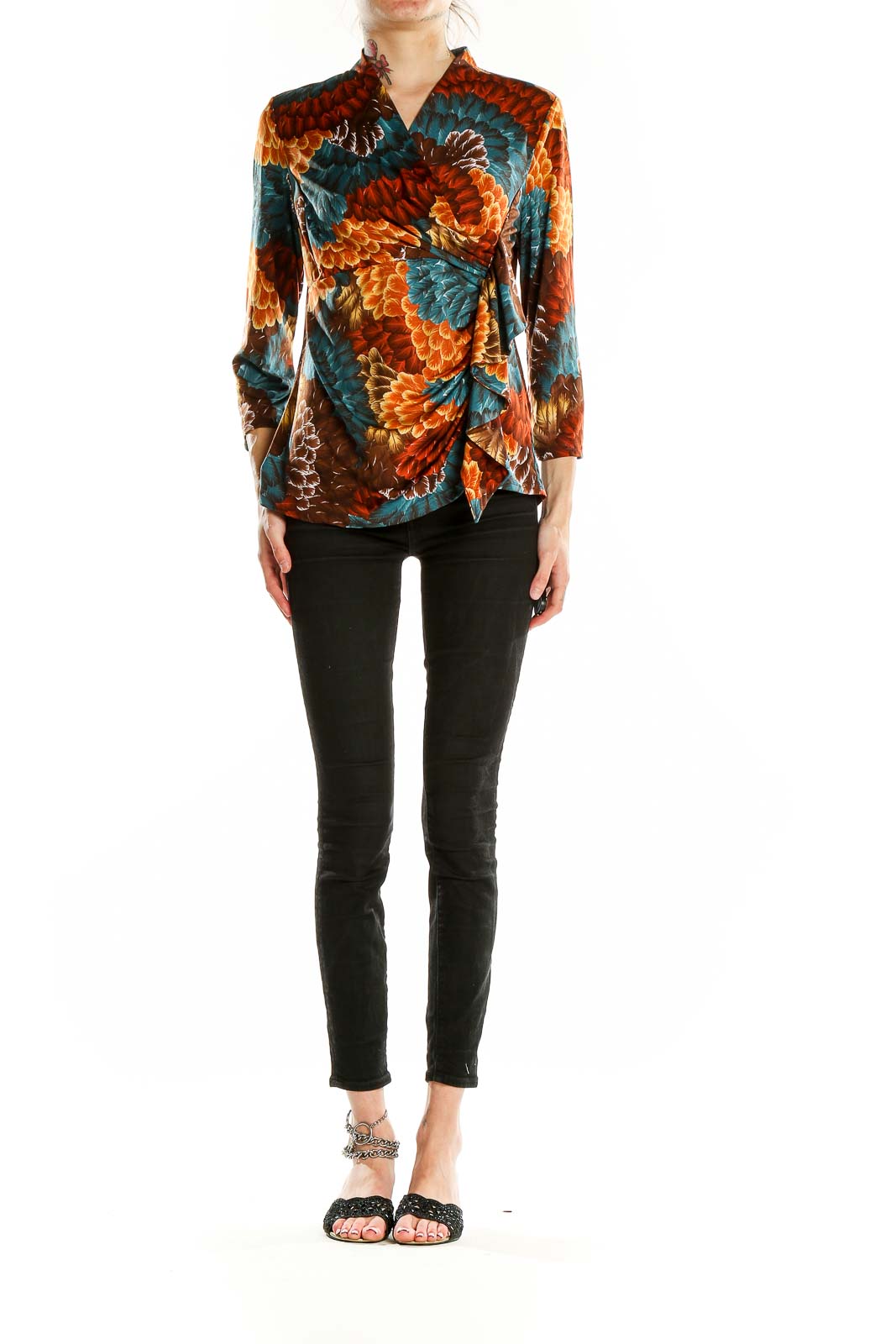 Front view of Wrangler multicolor floral wrap blouse