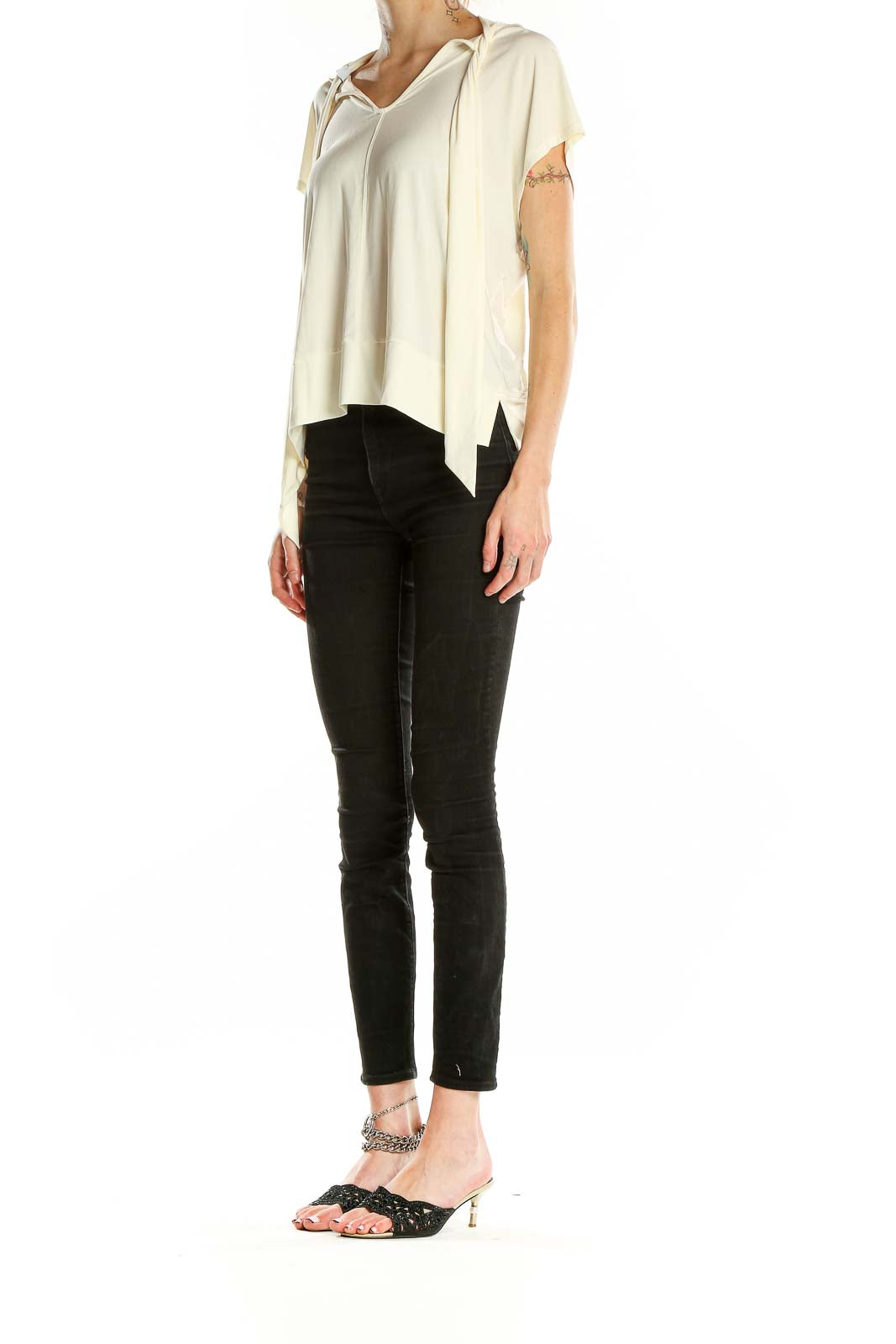 Front view of Nine West cream v-neck hooded flowy top