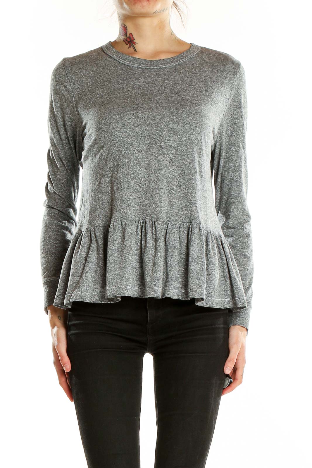 Front view of The Great gray peplum long sleeve top