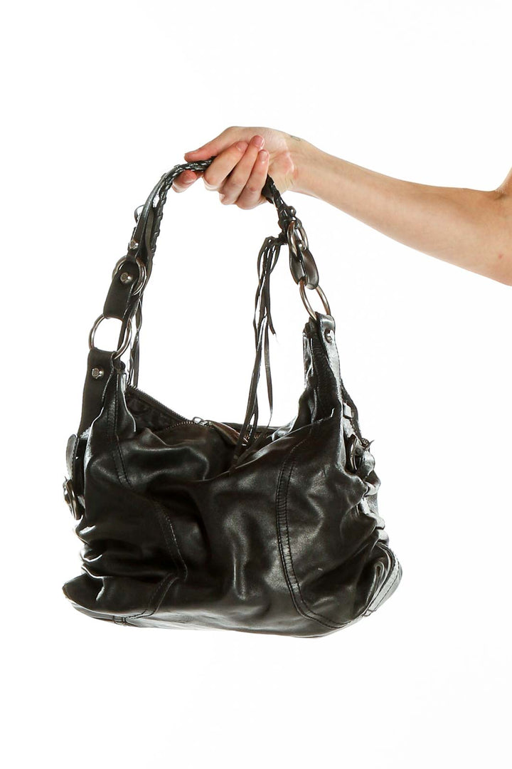 Front view of Francesco Biasia black leather hobo shoulder bag with braided strap