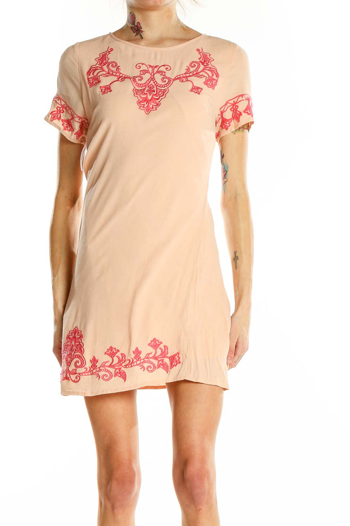 Pink Shorts Sleeve Embroidered Dress