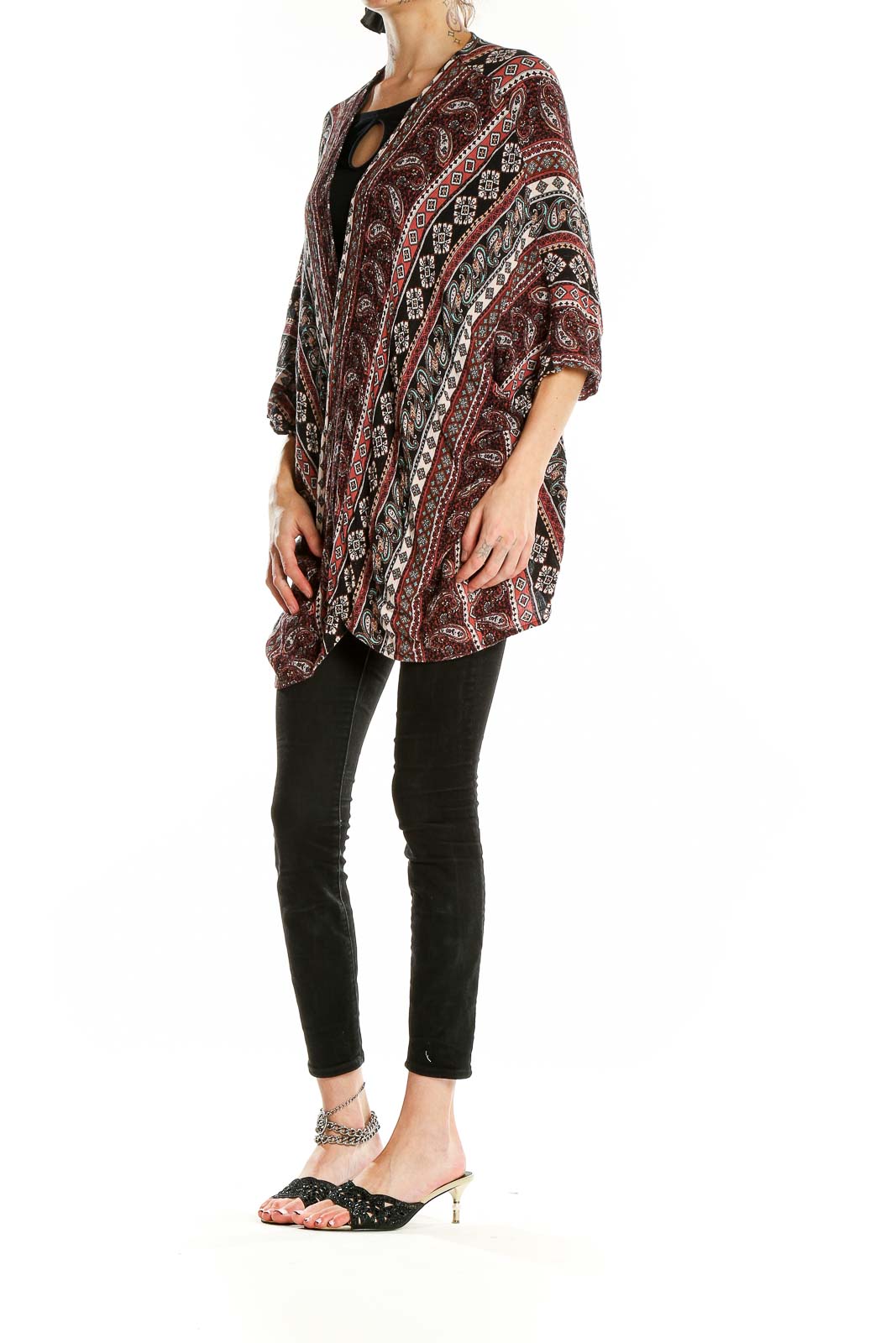 Front view of Altar'd State burgundy paisley striped kimono cardigan on model